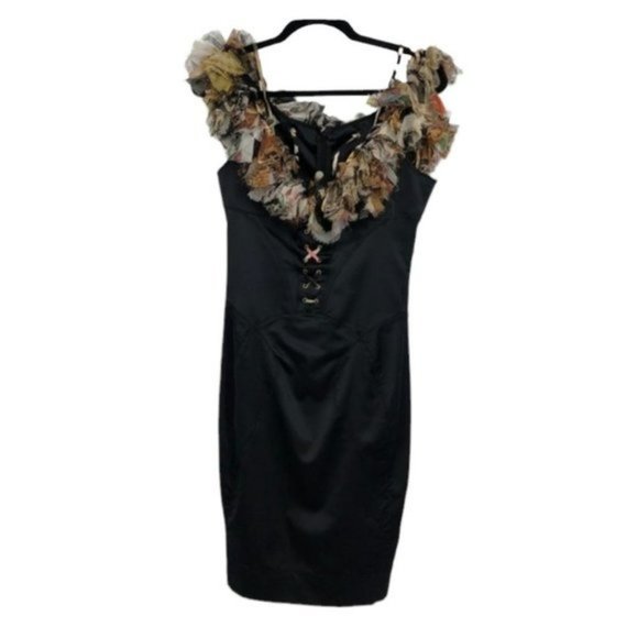 Just Cavalli Roberto black silk corset off shoulder Boa Scarf ruffle  neck Dress - Picture 1 of 13